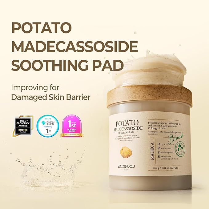 SKINFOOD Potato Madecassoside Soothing Toner Pad, Korean Skincare Facial Toner, Blemish Pads, Damaged Skin Barrier Improvement, Redness Relief, 8.81 oz (60 Pads)