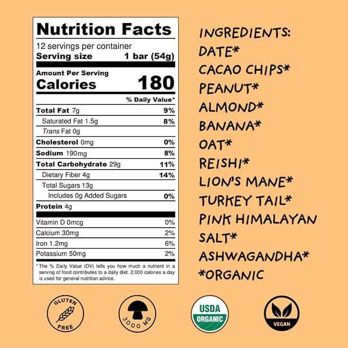 Wise Bar Adaptogen Mushroom Nutrition Bars | Peanut Butter Banana Flavor | 12 Count | Functional Mushrooms and Adaptogens Bar | Organic Nutrition Energy Bars, Vegan, Gluten Free