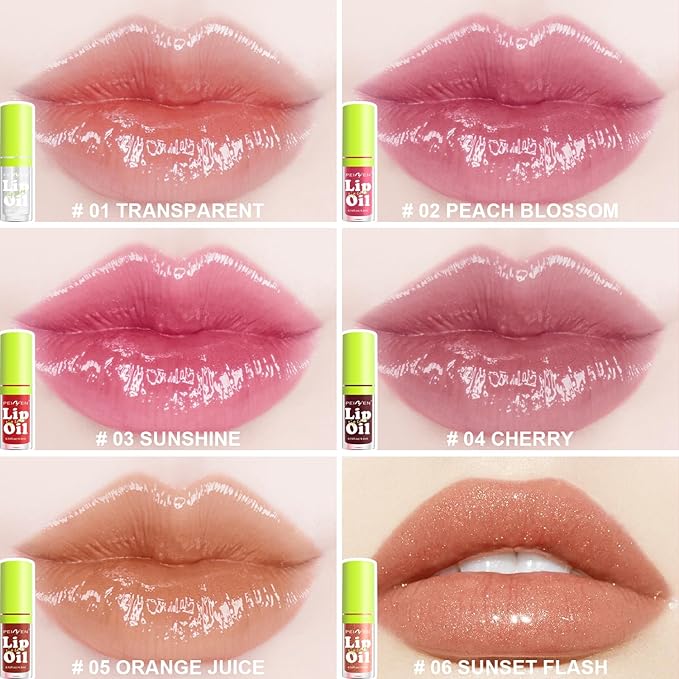 6 PCS Hydrating Lip Oil, Big Brush Head Lip Glaze Shiny Transparent Lip Glow Oil, Nourishing & Non-sticky Long Lasting Fresh Clear Smooth Lip Care Plumping Lip Oil (SET B)