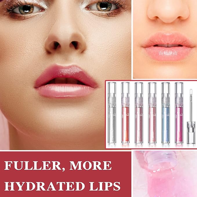 Lip Glow Oil Moisturizing Lip Balm,Plump Lip Gloss Lip Care Clear Lip Oil Tinted,Hydrating Lip Glow Oil Gloss Transparent Plumping Glass Lip Glow Oil Fresh Texture,Set of 6