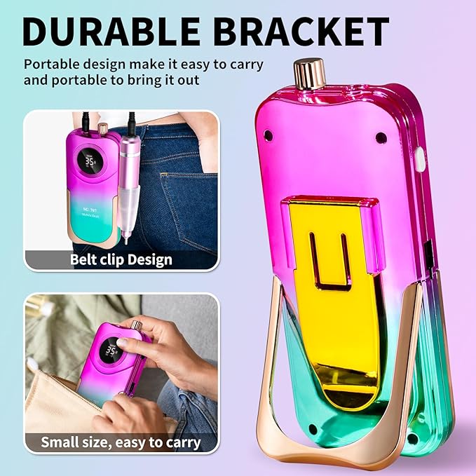 Portable Nail Drill Cordless,35000 RPM Electric Nail File with Holder,Rechargeable Nail Drill E Filer for Nails,Electric Nail Buffer Nail Dremel Tool for Women (Gradient Purple Green)