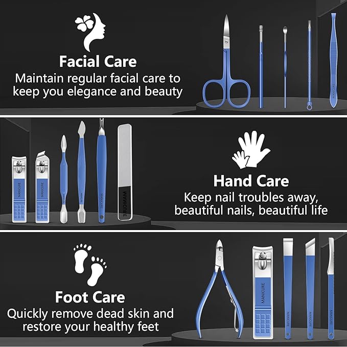 Manicure Set 16Pcs Nail Clippers Set Manicure Kit Professional Stainless Steel Pedicure Kit Nail Care Kit for Women Men with Luxurious Travel Bag, Suitable for Home, Travel, and Salon (Blue)