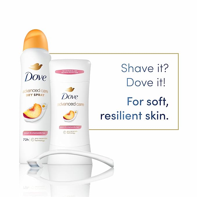 Dove Advanced Care Antiperspirant Deodorant Stick Peach & Chamomile Tea 4 Count for helping your skin barrier repair after shaving 72 hour odor control and all-day sweat protection 2.6 oz