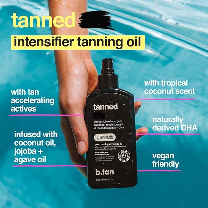 b.tan Best Tanning Oil | Get Tanned Intensifier Dry Spray - Fast, Dark Outdoor Sun Tan From Tan Accelerating Actives, Packed with Moisturizing Oils, No SPF, Austrailian Brand, 8 Fl Oz