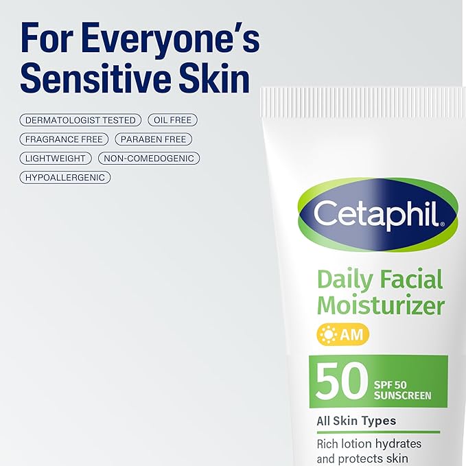 Cetaphil Daily Facial Moisturizer SPF 50, 1.7 Fl Oz (Pack of 2), Gentle Facial Moisturizer For Dry to Normal Skin Types, No Added Fragrance, Dermatologist Recommended (Packaging May Vary)