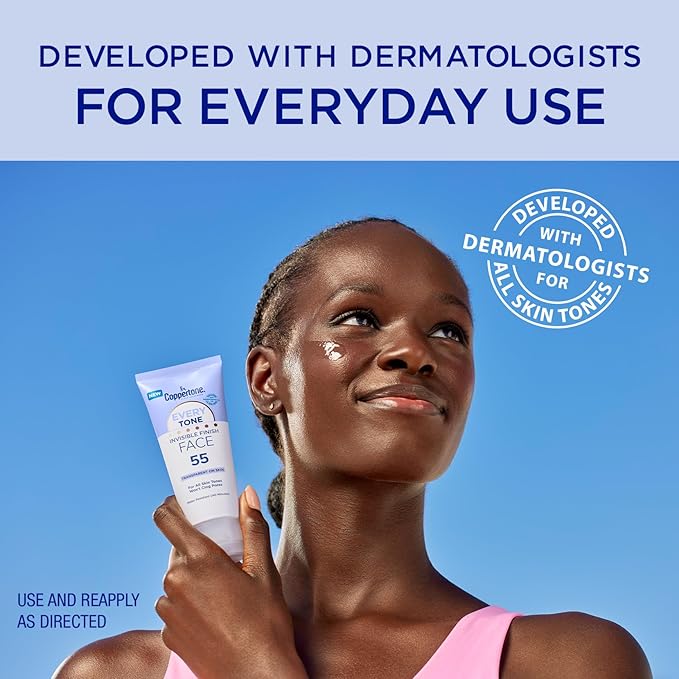 Coppertone Every Tone Invisible Finish Face Sunscreen SPF 55, Lightweight, Blends in Clear Sunscreen for All Skin Tones, 2 Fl Oz Tube