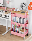 3 Tier Rolling Cart Metal with Wheels & Table Top, Pink Utility Cart with Cups and Hooks, Three Tiered Craft Cart Organizer on Wheels, Storage Carts for Salon, Lash, Hair, Nail, Makeup, Diaper, Book