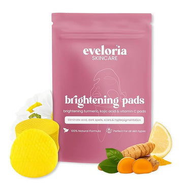 Brightening Eveloria Turmeric & Kojic Acid 30 Face Pads – Gentle Exfoliating & Cleansing Pads for Dark Spots, Uneven Tone & Dull Skin – Natural Glow with Turmeric, Kojic Acid & Vitamin C