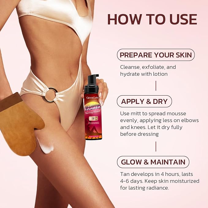 Self Tanner Mousse Mitt Kit – Sunless Tanning Foam with Hyaluronic Acid for Hydrating - Flawless & Streak-Free Watermelon Scent Fake Tan Mousse, Medium Glow 6.76 fl. oz