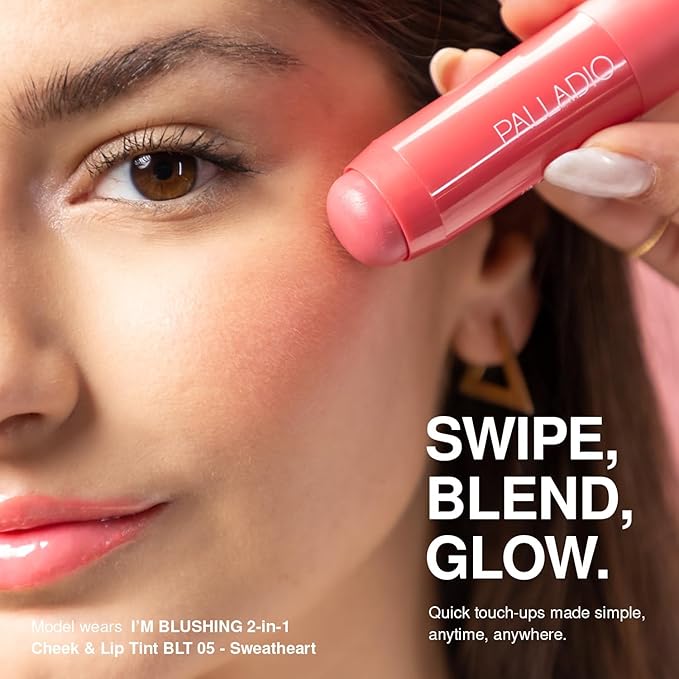 Palladio I'm Blushing 2-in-1 Cheek and Lip Tint, Buildable Lightweight Cream Blush, Sheer Multi Stick Hydrating formula, All day wear, Easy Application, Shimmery, Blends Perfectly onto Skin, Lovely