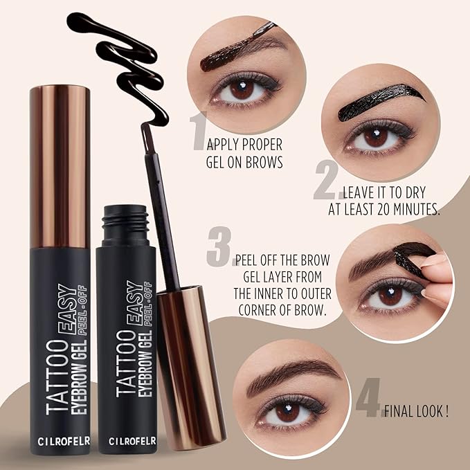 Cilrofelr Tattoo Peel Off Eyebrow Gel, Easy Tattoo Brow Peel Off Gel, Last Up to 3 Days, Waterproof, Transfer-proof, For Fuller & Defined Looking Brows, Dark Brown (2 Pack)