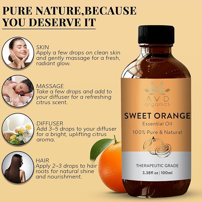 Sweet Orange Essential Oils for Skin | Pure Natural Cold Pressed & Undiluted Sweet Orange Oil |Use in Aromatherapy Diffusers for Mood Lifting | 3.38 fl. Oz