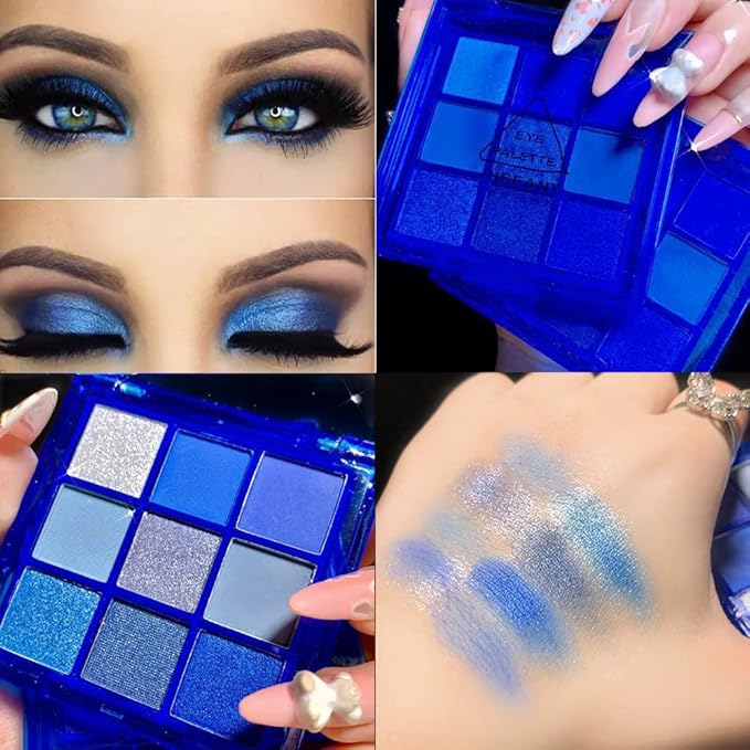 9-Color Glitter Matte Eyeshadow Palette, Silver Grey, Light Blue, Highly Pigmented Waterproof Corpse Bride Makeup for Blue Eyes