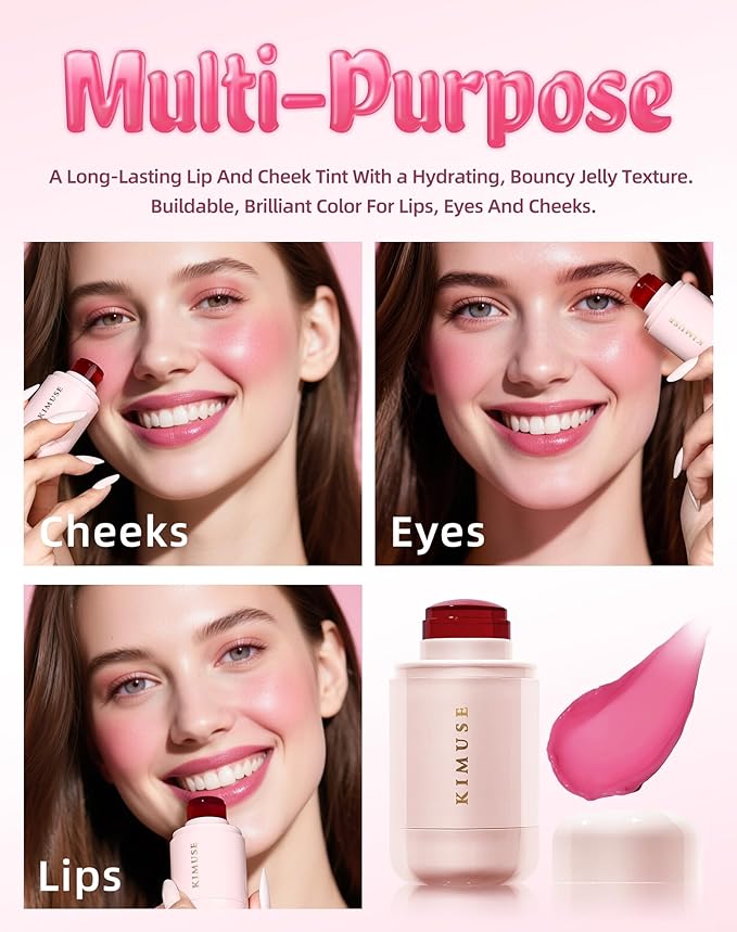 KIMUSE Jelly Cheek & Lip Tint, Watercolor Blush, Multi-Use Makeup, Tint for Cheeks, Lips & Eyes, Lightweight, Sheer & Buildable Color, Vegan Formula, Cruelty-Free