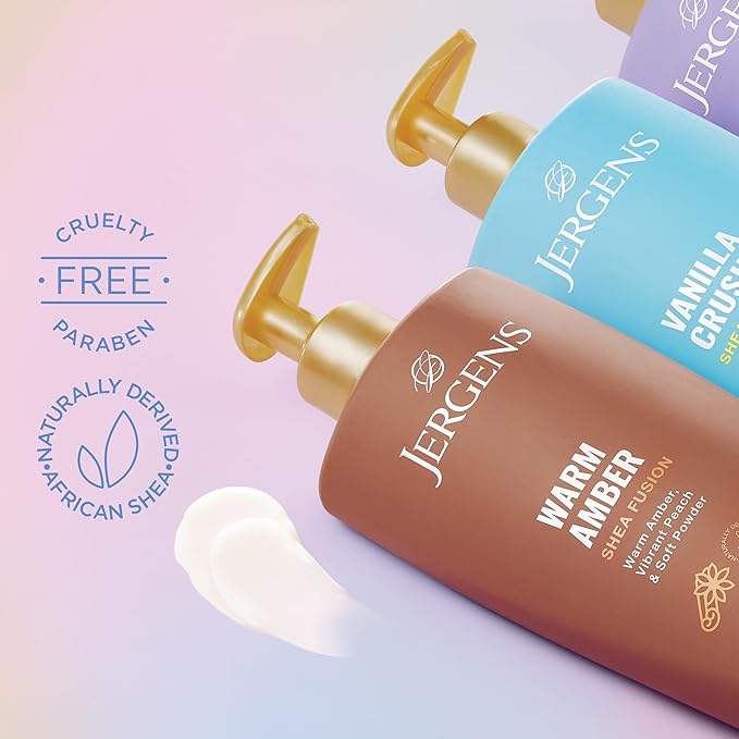 Jergens Shea Fusion Body Lotion Dual Pack, Moisturizer with Shea Butter and Vitamin E, Vanilla Crush 14 fl oz and Warm Amber 14 fl oz, Pack of 2