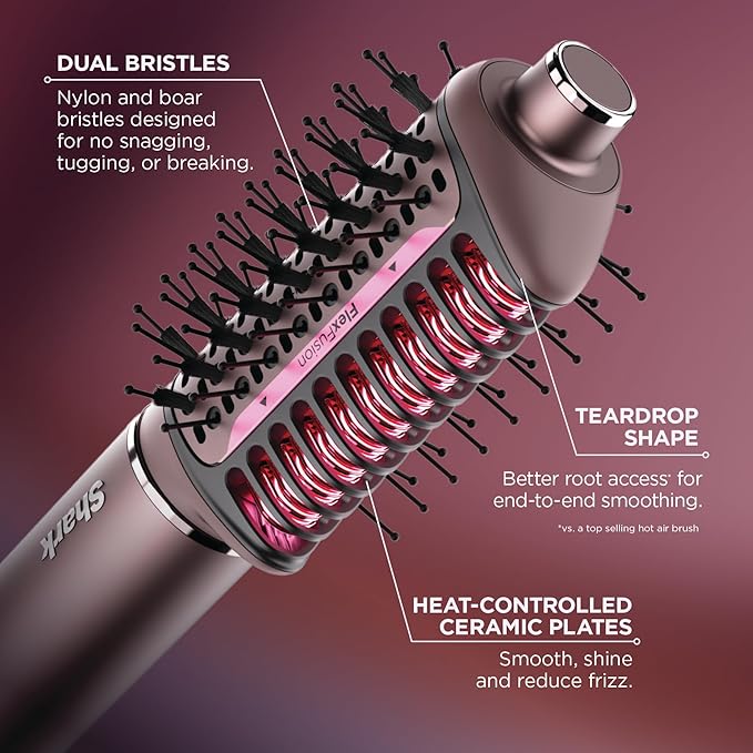 Shark FlexFusion Hair Straightener & Powerful Hair Dryer with Diffuser, Fusion Hair Brush, Ceramic Air Styler with Auto-Wrap Hair Curlers, Ceramic Plates, Cosmic Blush HD642S
