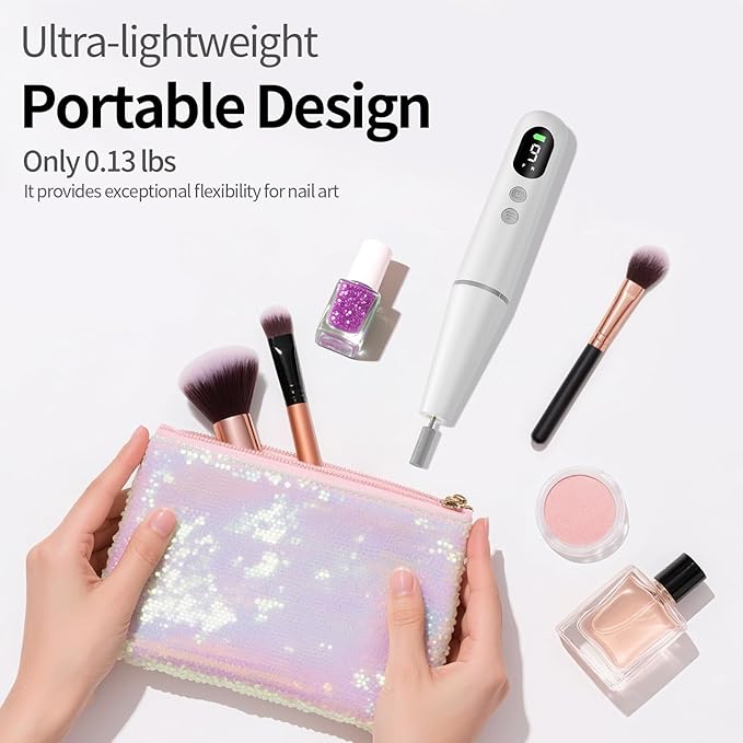 Electric Nail Drill Kit Professional - 9 Speed Cordless Electric Nail File with LED Display, Portable Nail Drill Machine for Acrylic Gel Nails, Hand Feet Trimmer Buffer Tool for Women Men Baby White