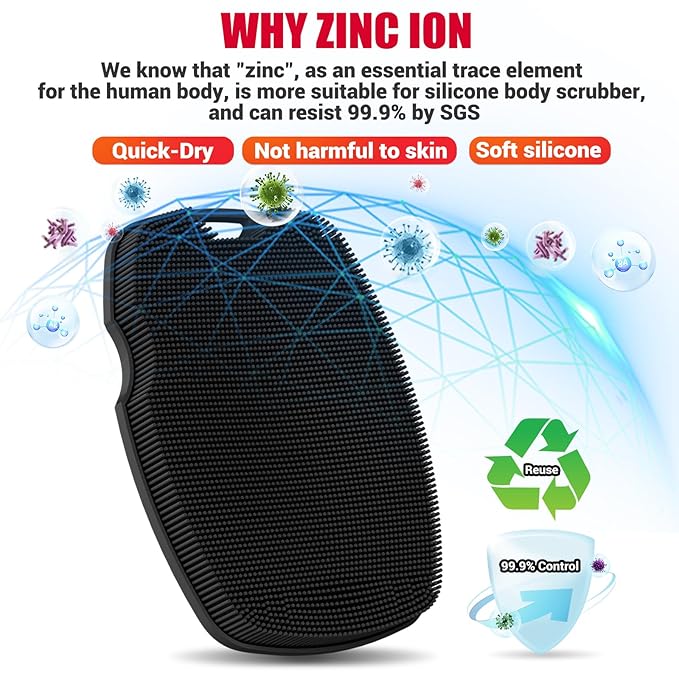Zinc Infused Silicone Body Scrubber for Shower,Food-Grade Handheld Cleansing Skin Brush, Gentle Exfoliating and Lather Well - Black