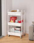 Calmootey 3-Tier Rolling Utility Cart with Drawer,Multifunctional Storage Organizer with Plastic Shelf & Metal Wheels,Storage Cart for Kitchen,Bathroom,Living Room,Office,White