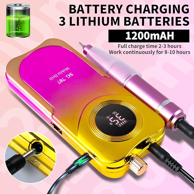 Portable Electric Nail Drill Cordless,35000 RPM Electric Nail File with Holder,Rechargeable Nail Drill E Filer for Nails,Electric Nail Buffer Nail Filer Electric Tool for Women (Gradient Purple Gold)