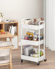 Sywhitta 3-Tier Plastic Rolling Utility Cart with Handle, Multi-Functional Storage Trolley for Office, Living Room, Kitchen, Movable Storage Organizer with Wheels, White