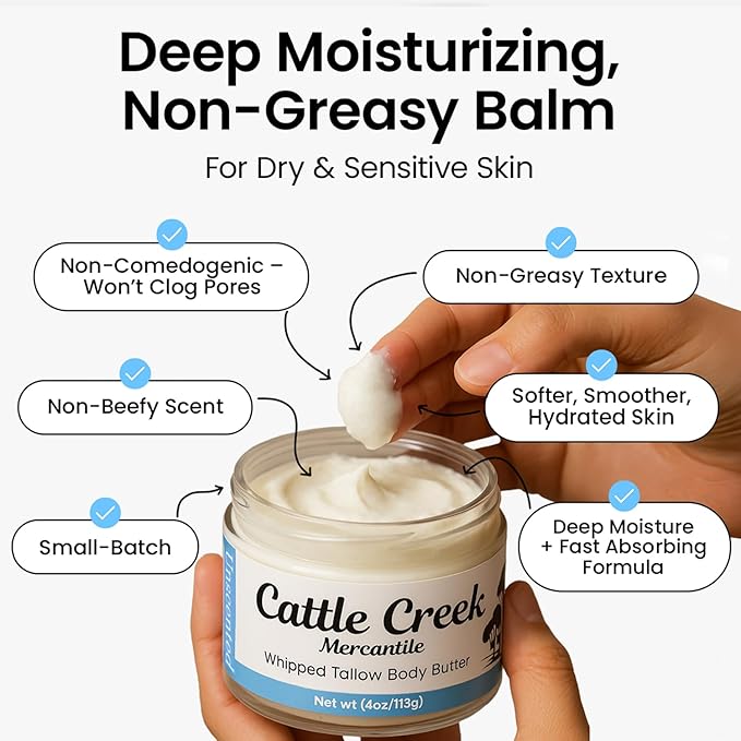 Cattle Creek Whipped Beef Tallow for Skin & Face – Deeply Moisturizing Tallow Balm – Organic Grass-Fed Skincare – Nourishes Dry, Sensitive Skin– Non-Comedogenic, Fast-Absorbing (4oz, Unscented)