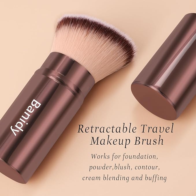 Makeup Brush Kabuki Face Brushes Retractable Travel Blush Kabuki Brush Portable Flawless for Foundation, Powder Blush, Bronzer, Buffing, Liquid, Cream, Cruelty Free with Cover(Brown)