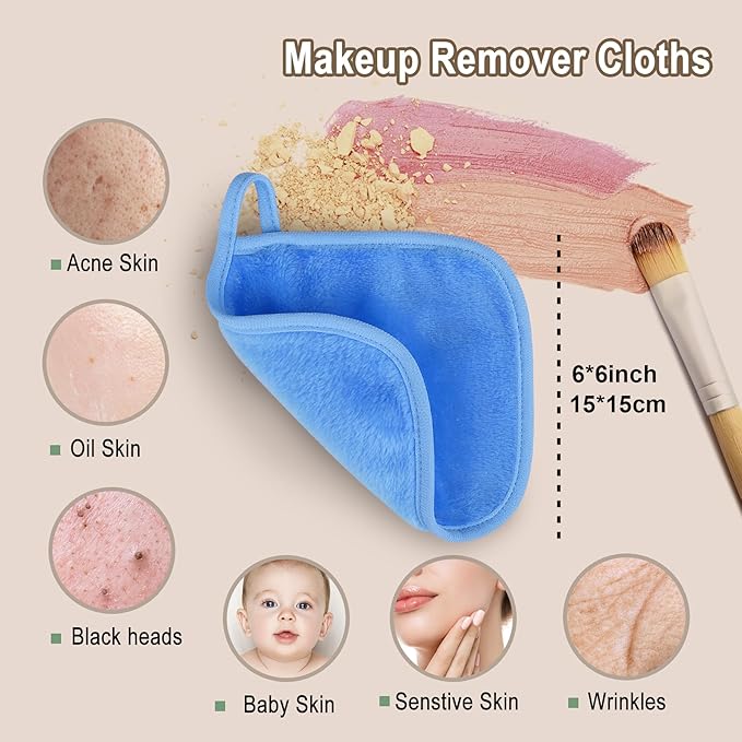 KODAMO Makeup Remover Cloth, 6 inch x 6 inch Reusable Makeup Remover Pads Washable Travel Bag, Microfiber Makeup Removal Face Wash Cloths with Just Water, Gentle Soft, 12 Pack