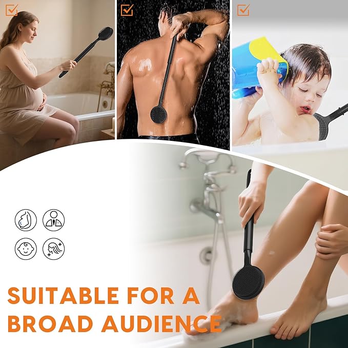 Silicone Back Scrubber for Shower with 24 inch Adjustable Handle, Double Sided Shower Brush for Exfoliating and Massage
