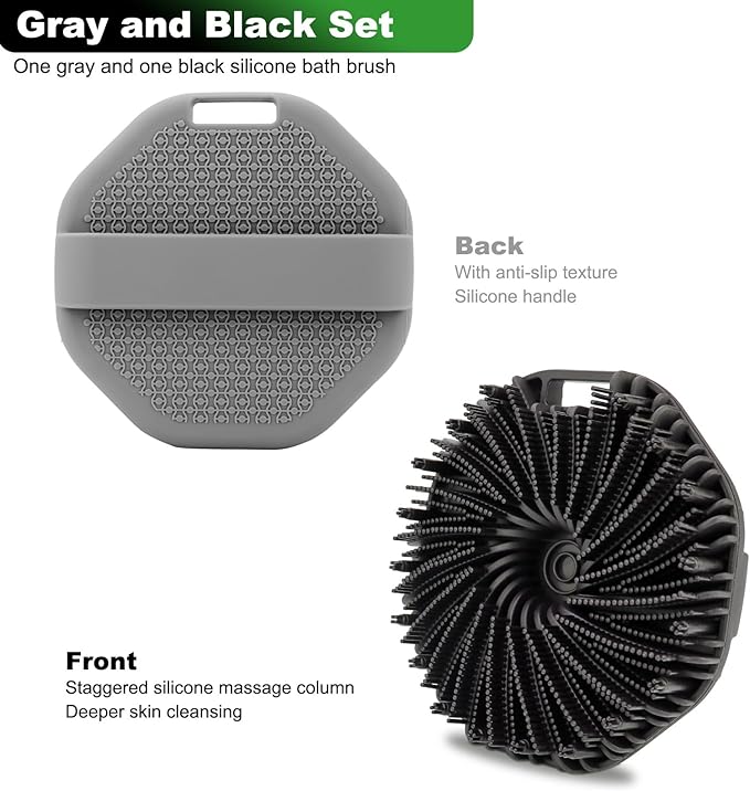 2-Pack Silicone Body Scrubber Shower Brushes,Exfoliating Body Scrubber for All Skin Type, Eco Friendly Shower Scrubber for Body, Silicone Body Brush for Showering(Black & Gray)
