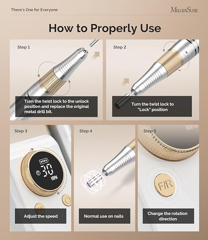 MelodySusie 2 in 1 Professional Nail Drill, 30000 RPM SC330G Electric Nail File with Kickstand for Gel Nails Polishing Removing, Portable Cordless Nail Efile for Manicure Pedicure at Home & Salon,Gold