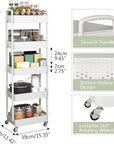 Sywhitta 5-Tier Plastic Rolling Utility Cart with Handle, Multi-Functional Storage Trolley for Office, Living Room, Kitchen, Movable Storage Organizer with Wheels, White