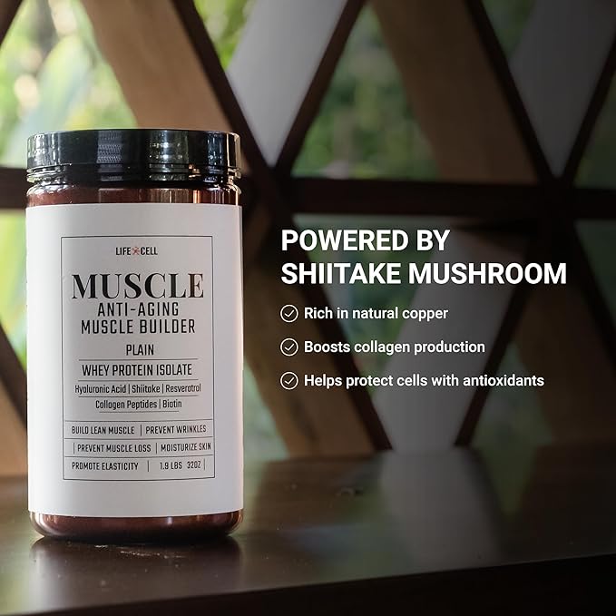 LifeCell Whey Protein – Anti-Aging Muscle Builder with Shiitake Mushroom, Collagen & Hyaluronic Acid – Vanilla, No Sugar Added, Soy-Free, Gluten-Free, 600g (18 Servings)