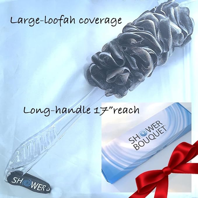SHOWER BOUQUET Loofah-Charcoal Back-Scrubber 2-Pack // Long-Handle Bath-Sponge Brush/Extra Large Soft Mesh Loofa-Lufa-Loufa for Men & Women - Exfoliate with Full Pure Cleanse in Bathing Accessories
