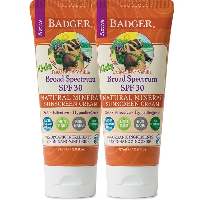 Badger - SPF 30 Kids Sunscreen Cream with Zinc Oxide for Face and Body, Broad Spectrum & Water Resistant Reef Safe Sunscreen, Natural Mineral Sunscreen with Organic Ingredients 2.9 fl oz (2 pack)