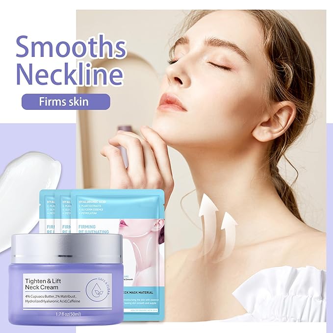 Neck Firming Cream and Neck Mask Set,Non-greasy Tighten Face Cream Skincare Moisturizer, 10 Pieces Deep Moisturizing Masks for Tightening, All Skin Type, 11 Pack
