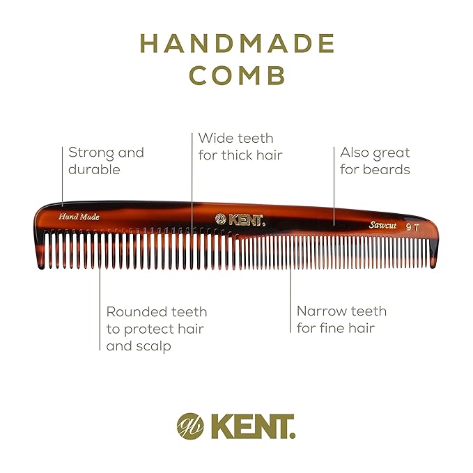 Kent 9T Tortoise Fine and Wide Tooth Comb Detangler - Large Handmade and Saw-Cut Dressing Combsw,for Wet and Dry, Hair Comb for Women and Durable Grooming Comb for Men Made in England