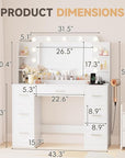 YESHOMY Vanity Desk with Large Lighted Mirror, Power Outlet and 11 Lights, Makeup Table with 7 Drawers and 3 Desktup Storage Units, 3 Color Modes Available for Bedroom, Snow White