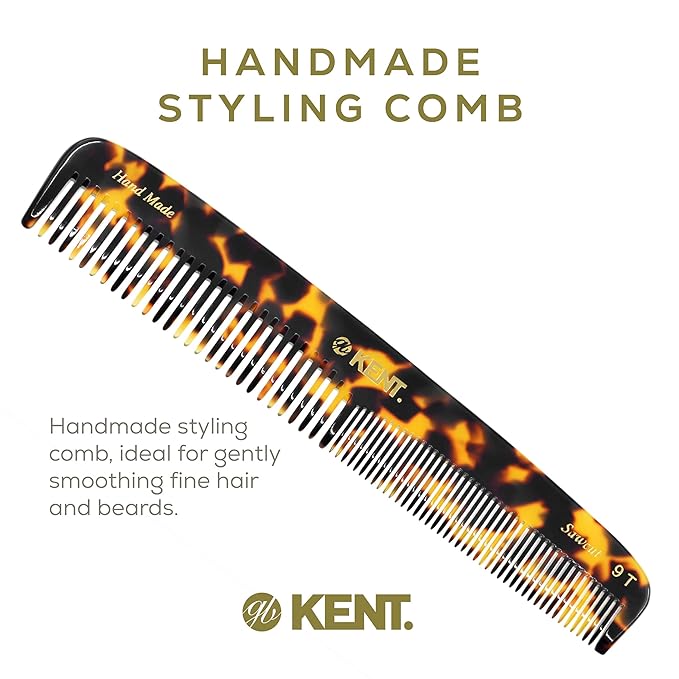 Kent 9T Fine Tooth and Wide Tooth Comb Detangler Hair Combs - Large Handmade and Saw-Cut Dressing Combs - Wet Hair Comb for Women, Durable Grooming Comb for Men, Made in England (Yellow Tokyo)