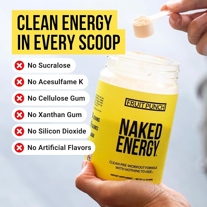 Naked Fruit Punch Naked Energy - Clean Pre Workout Supplement for Men and Women, Vegan Friendly, No Added Sweeteners, Colors Or Flavors - 30 Servings