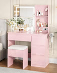 Garvee Makeup Vanity Desk with Lighted Mirror, Dressing Table Set with 4 Drawers, Power Outlet, Storage Stool, Storage Shelves, Vanity Mirror 3 Lighting Color Adjustable, Vanity Set for Bedroom, Pink
