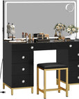 DWVO Black Vanity Desk with Mirror: Makeup Table with Power Outlets & 8 Drawers 3-Mode LED Mirror, Storage Stool for Dressing Room