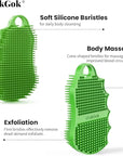 Silicone Body Scrubber Silver-Infused Dual-Sided 3-in-1 for Shower, Body Cleaning+Massage+Exfoliator Body Brush Buffer for Men and Women, Silicone Loofah, Non-Slip Handle (Green)