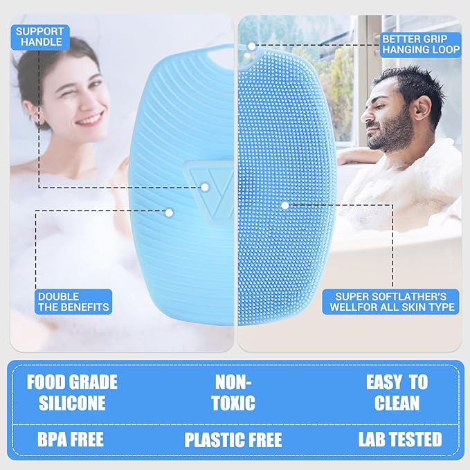 Zinc Infused Silicone Body Scrubber for Shower,Food-Grade Handheld Cleansing Skin Brush, Gentle Exfoliating and Lather Well - Azure