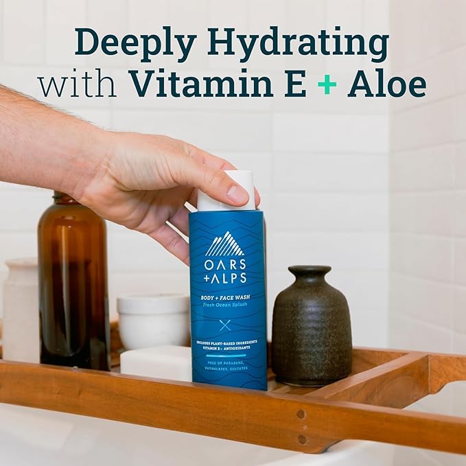 Oars + Alps Mens Moisturizing Body and Face Wash, Skin Care Infused with Vitamin E and Antioxidants, Sulfate Free, Fresh Ocean Splash, Travel Size 3.4oz, 2 Pack