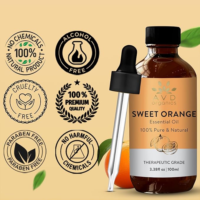 Sweet Orange Essential Oils for Skin | Pure Natural Cold Pressed & Undiluted Sweet Orange Oil |Use in Aromatherapy Diffusers for Mood Lifting | 3.38 fl. Oz