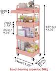 Calmootey 4-Tier Rolling Utility Cart with Drawer,Multifunctional Storage Organizer with Plastic Shelf & Metal Wheel,Storage Cart for Kitchen,Bathroom,Living Room,Office,Pink