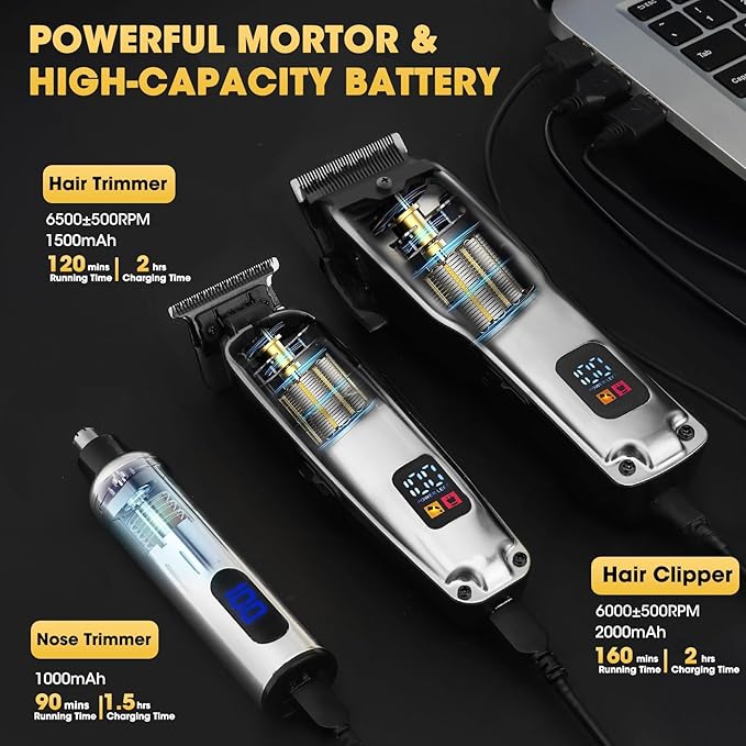 Hair Clippers for Men,4 in 1 Professional Hair Clippers T-Blade Trimmer Electric Foil Shaver Nose Hair Trimmer Set,Cordless Barber Hair Cutting Men’s Grooming Kit LCD Display Gifts (Silver)