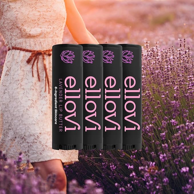 Ellovi Natural Lip Butter Lip Balm - Lavender - Pure Enough to Eat - Made With Just 6 Vegan Ingredients - 100% Natural & Organic Moisturizing Lip Care for All Day Hydration (4-Pack)