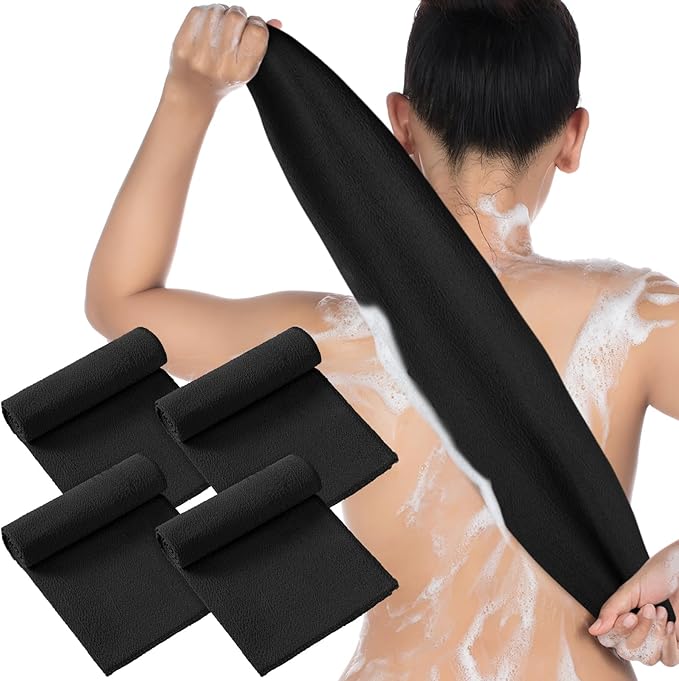 Tatuo 4 Pieces Korean Exfoliating Washcloth Body Back Scrubber Japanese Italy Exfoliating Cloth 35.5 Inch Long Bath Towel Washcloth Dead Skin Remover for Men Women(Black)